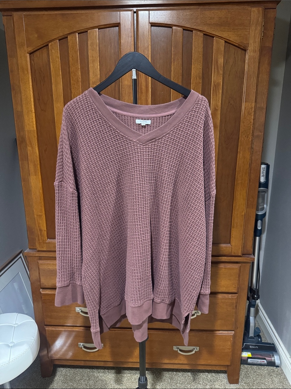 Maurices Mauve Waffle-Knit V-Neck Long Sleeve Top